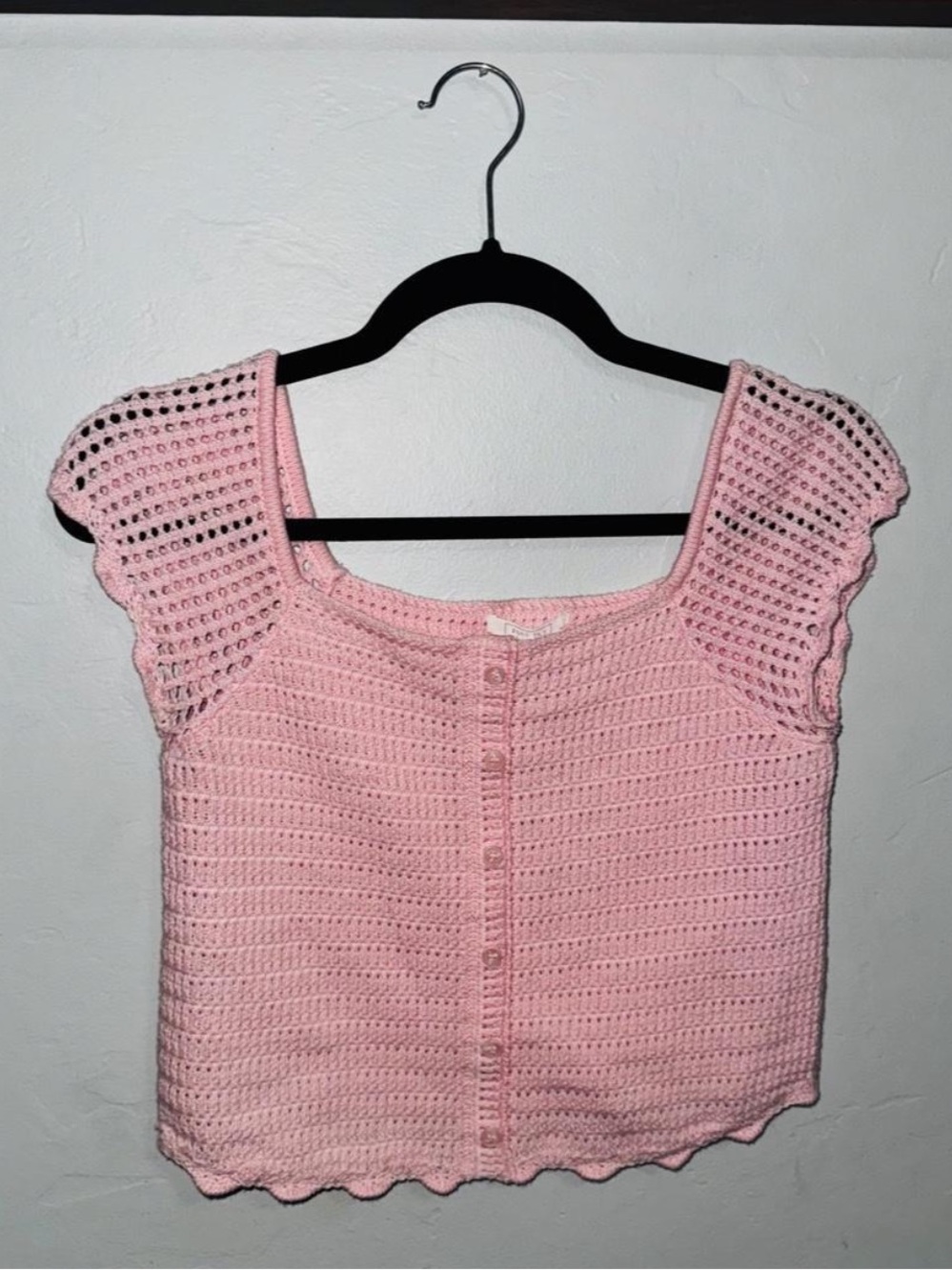 Full Tilt Pastel Pink Crochet Button-Up Crop Top
